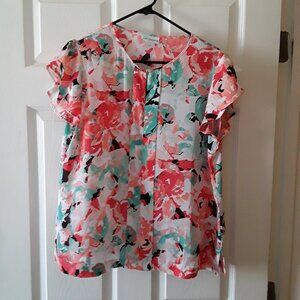 EUC Liz Claiborne Petites Semi Sheer Floral Print Flutter Sleeve Blouse Petite L